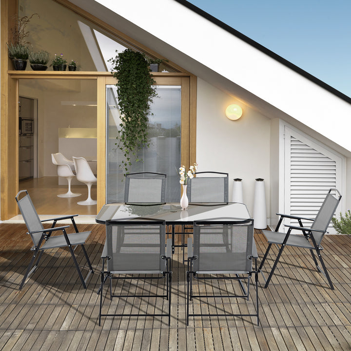 7 Piece Garden Furniture Set with Glass Dining Table and Folding Chairs, 6 Seater Outdoor Patio Furniture for Deck and Balcony, Black