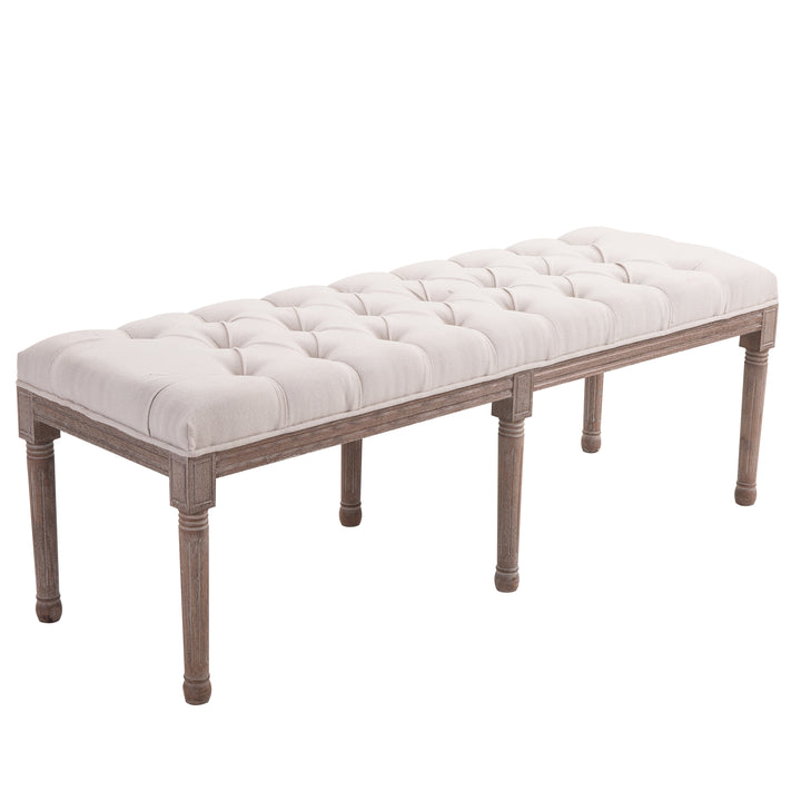 Bed End Side Chaise Lounge Sofa Stool Chic Button Tufted Window Hallway Seat Bench Wooden Leg Fabric Cover Padded Beige