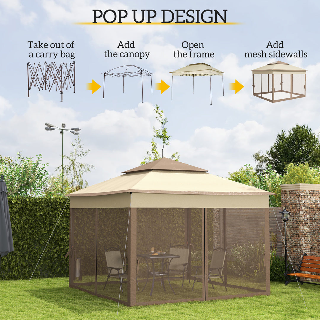 3 X 3(m) Meters Metal Gazebo Party Canopy Garden Pop Up Tent Outdoor Sun Shelter w/ Net Curtain Zipper Door - Khaki