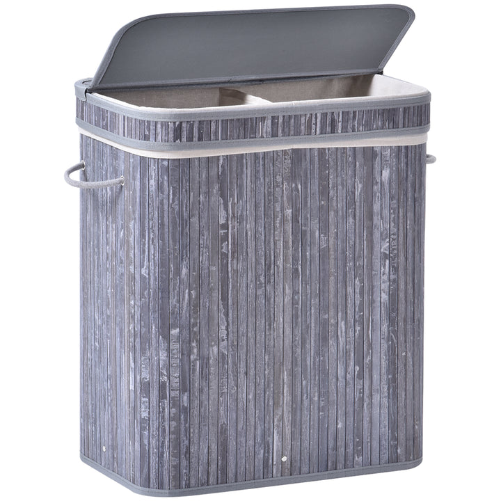 Wooden Laundry Basket w/ Split Compartment Clothes Storage- Grey