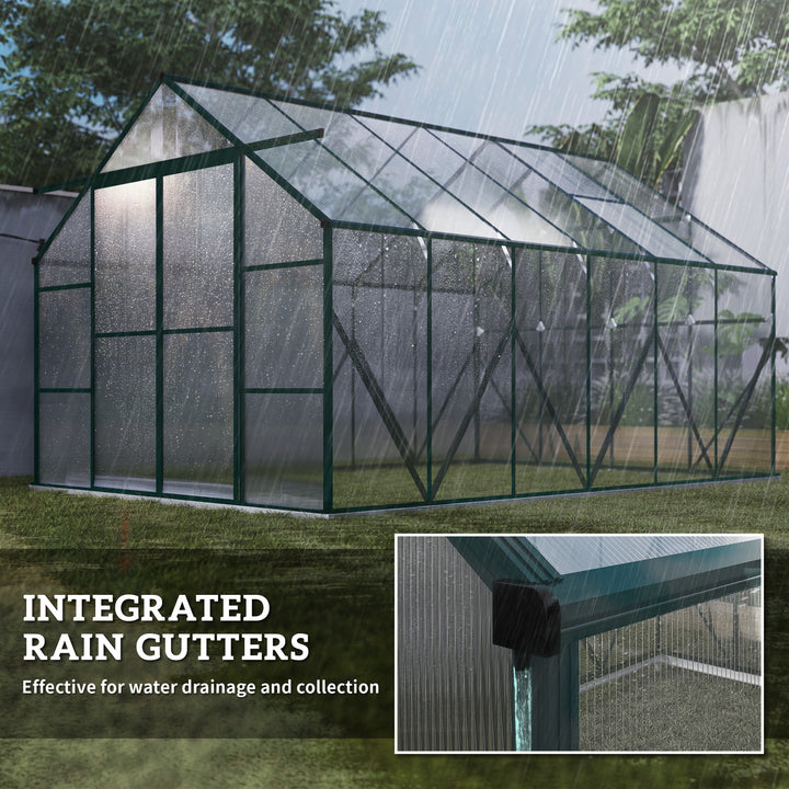 Aluminium Greenhouse Polycarbonate Walk-in Garden Greenhouse Kit with Adjustable Roof Vent, Rain Gutter and Foundation, 8 x 12ft, Clear