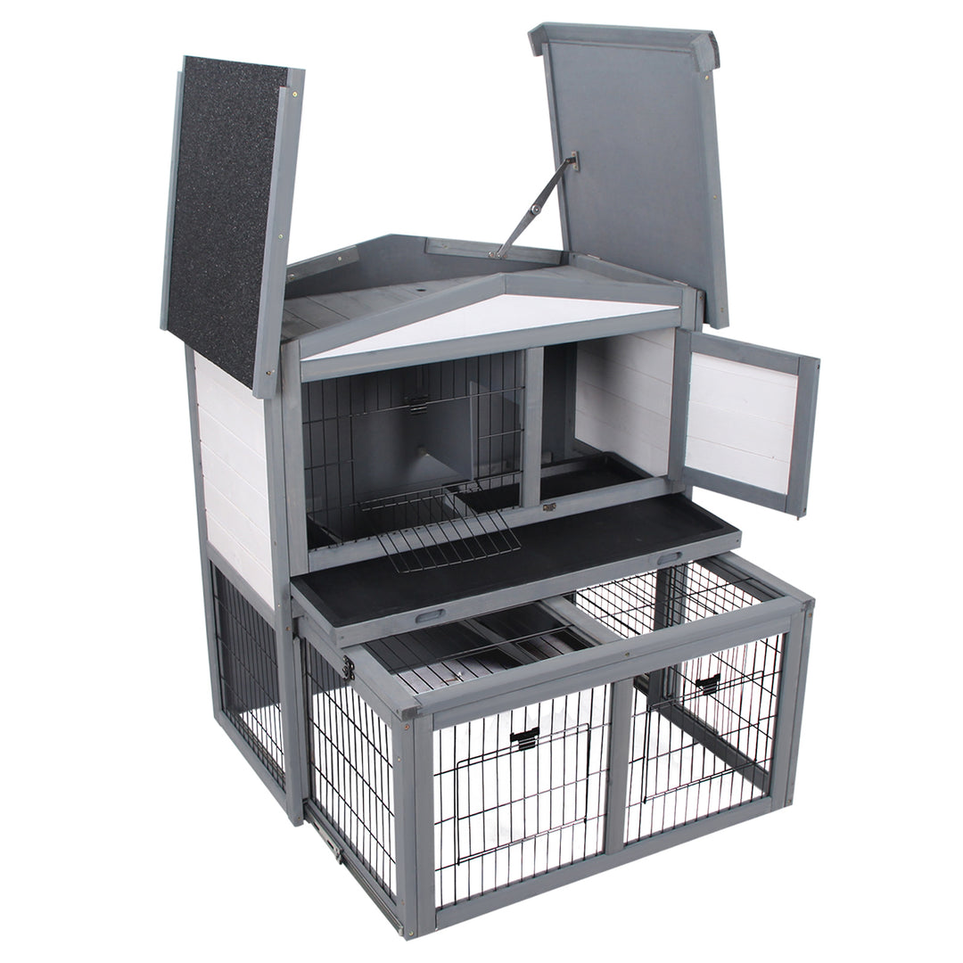 2 Tier Wooden Rabbit Hutch Small Animal Cage Slide Out Tray Ramp Outdoor Run Openable Roof Grey 101.5 x 90 x 100 cm