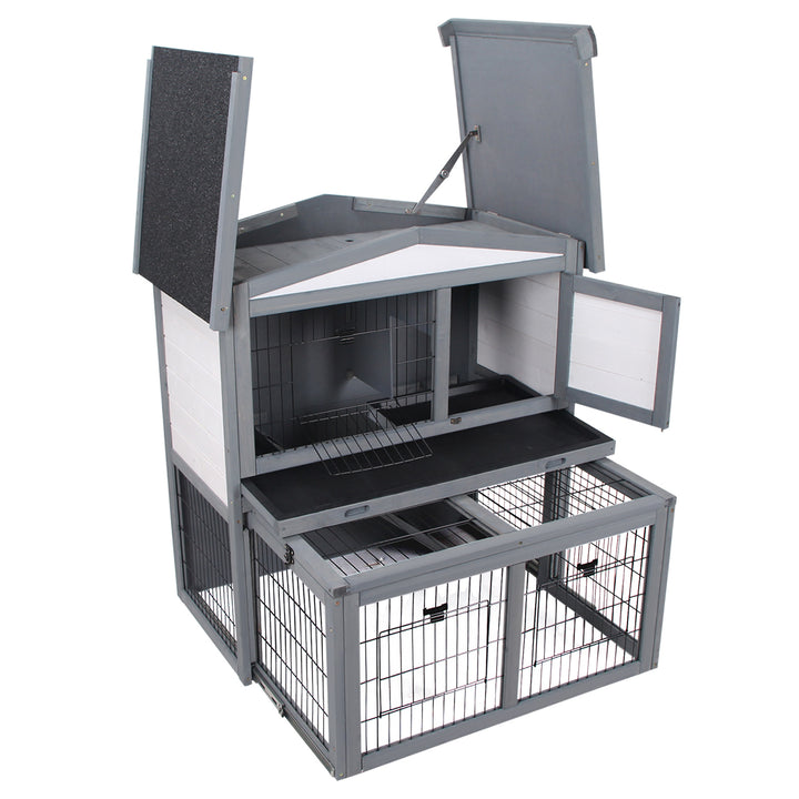 2 Tier Wooden Rabbit Hutch Small Animal Cage Slide Out Tray Ramp Outdoor Run Openable Roof Grey 101.5 x 90 x 100 cm