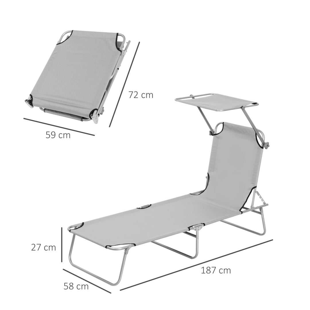 Reclining Chair Folding Lounger Seat with Sun Shade Awning Beach Garden Outdoor Patio Recliner Adjustable, Light Grey