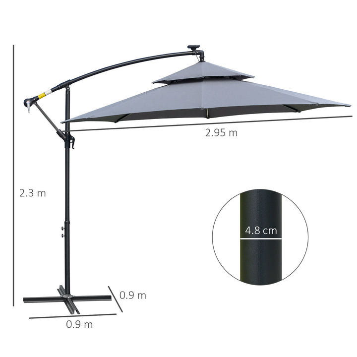 3(m) Cantilever Banana Parasol Hanging Umbrella with Double Roof, LED Solar lights, Crank, 8 Sturdy Ribs and Cross Base for Outdoor, Garden