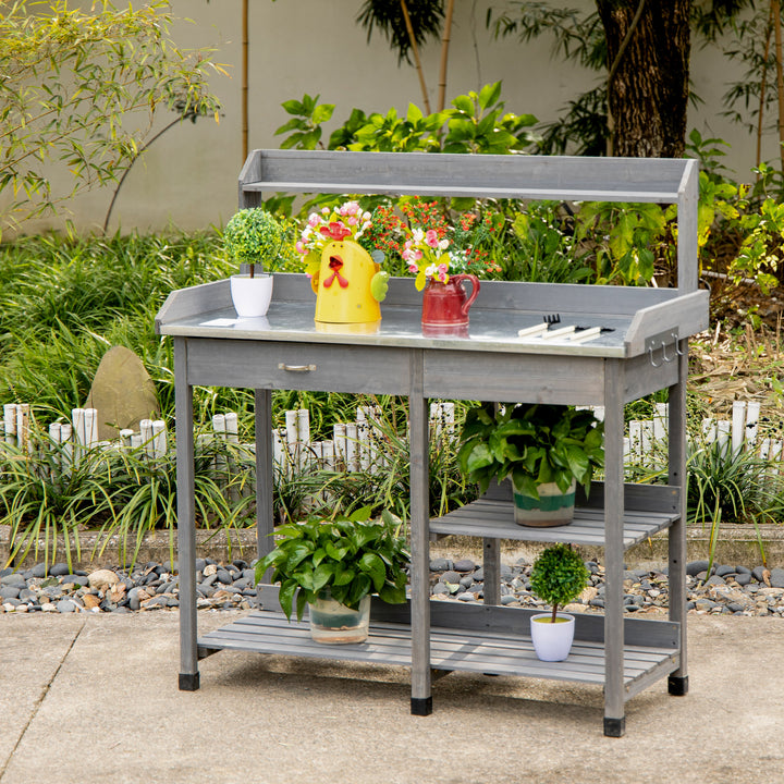 Outsunny Garden Potting Table, Wooden Workstation Bench w/ Galvanized Metal Tabletop, Drawer, Storage Shelves and Hooks for Courtyards, Balcony