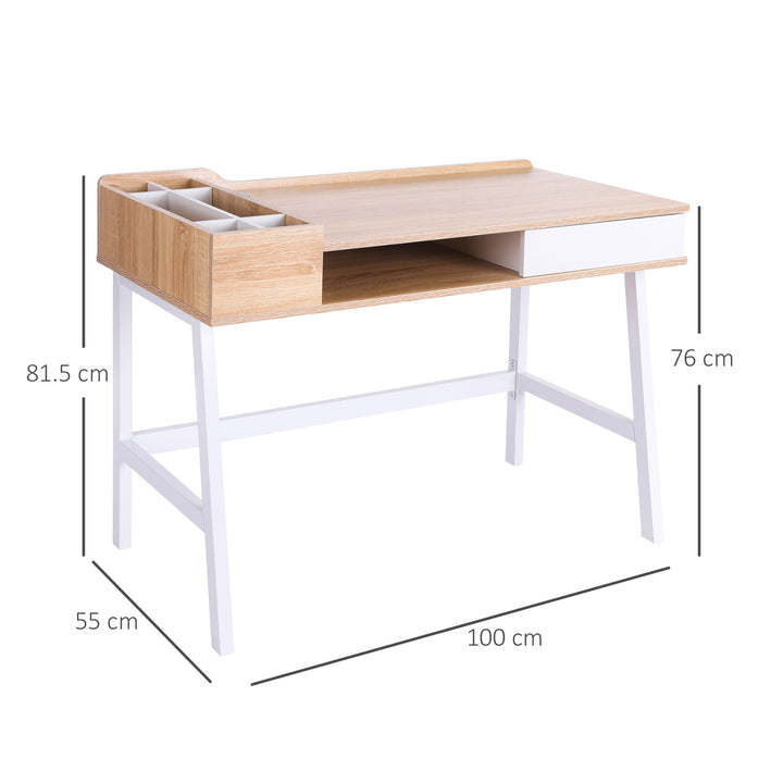 Computer Writing Desk Workstation with Drawer, Storage Compartments, Cable Management, Laptop Table Metal Frame Oak and White