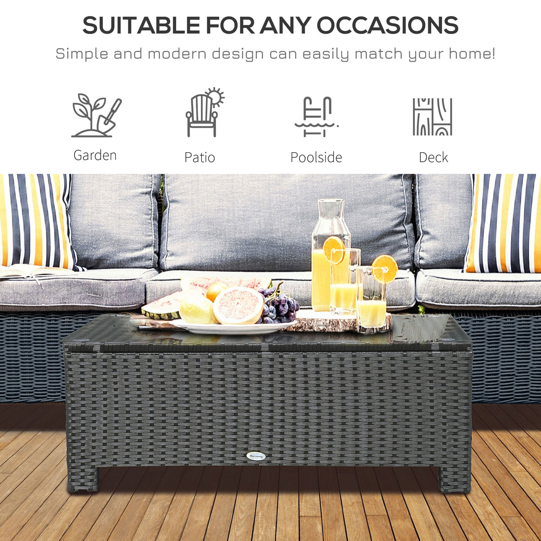 Rattan Garden Furniture Coffee Table Patio Iron Frame Tempered Glass (Black)