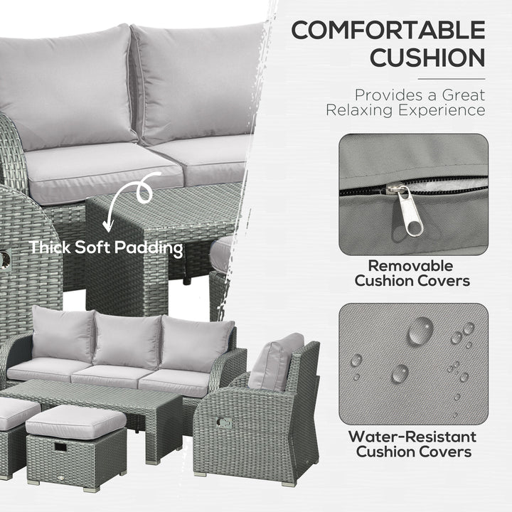 7-Seater Rattan Garden Furniture w/ Coffee Table Footstool Space-saving Patio Wicker Weave Reclining Chair Set, Light Grey