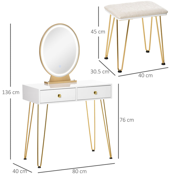 Dressing Table Set with LED Light, Round Mirror, Vanity Makeup Table with 2 Drawers and Cushioned Stool for Bedroom, White