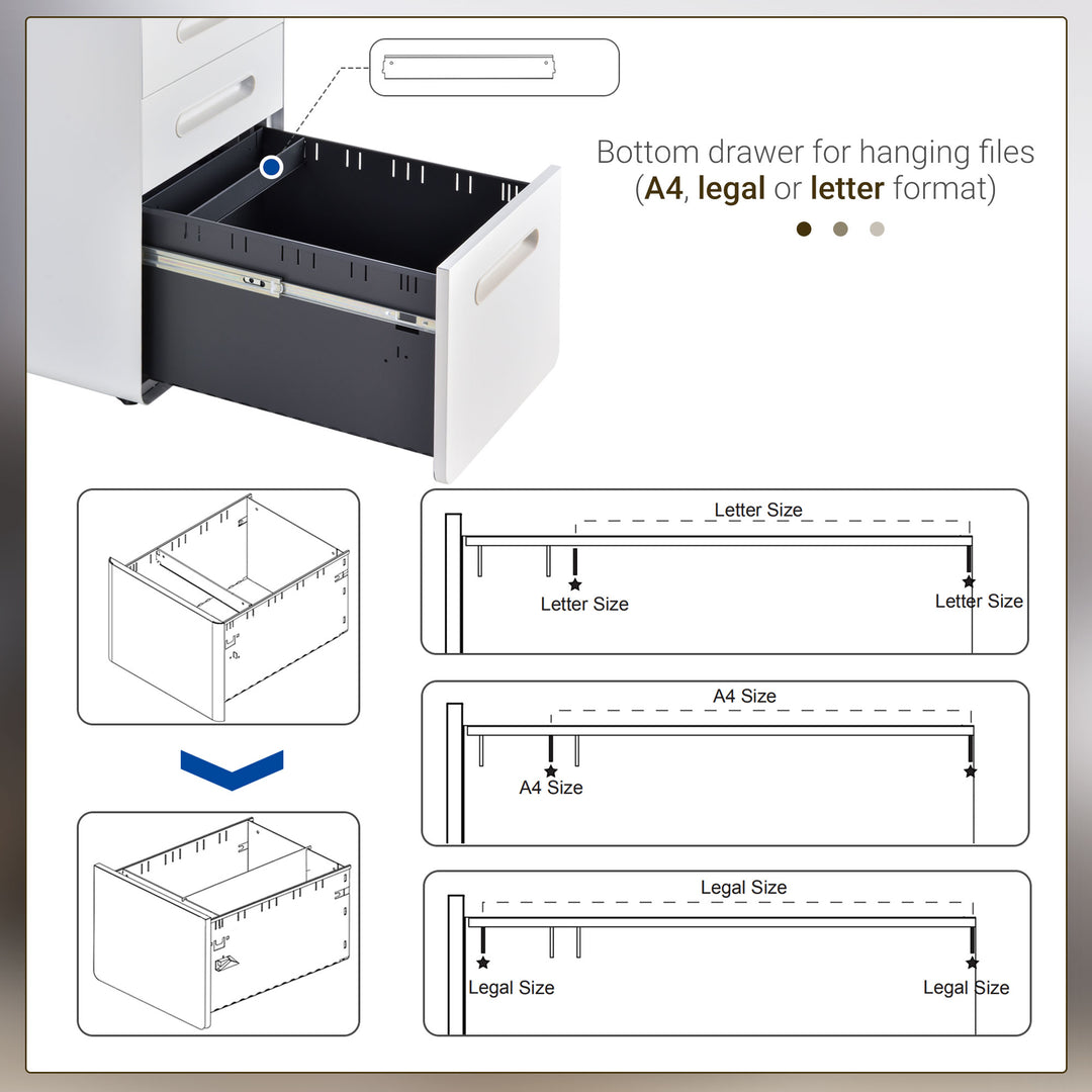 Fully Assembled 3-Drawer Mobile File Cabinet Lockable All-Metal Rolling Vertical File Cabinet White