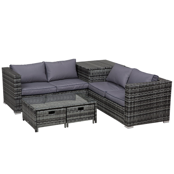 4-Seater Rattan Wicker Garden Furniture Patio Sofa Storage & Table Set w/ 2 Drawers Coffee Table,Great Cushioned 4 Seats Corner Sofa - Grey