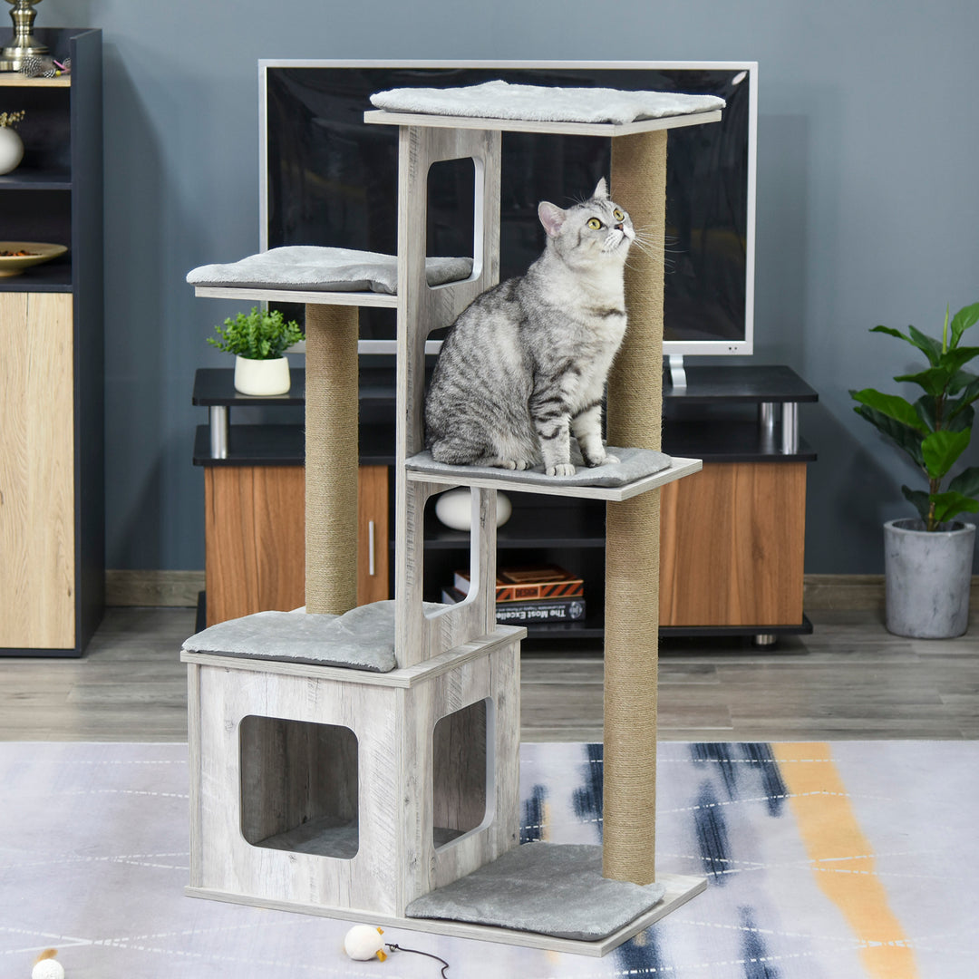 Cat Tree for Indoor Large Cats w/ Scratching Post, Cat Tower House- Grey