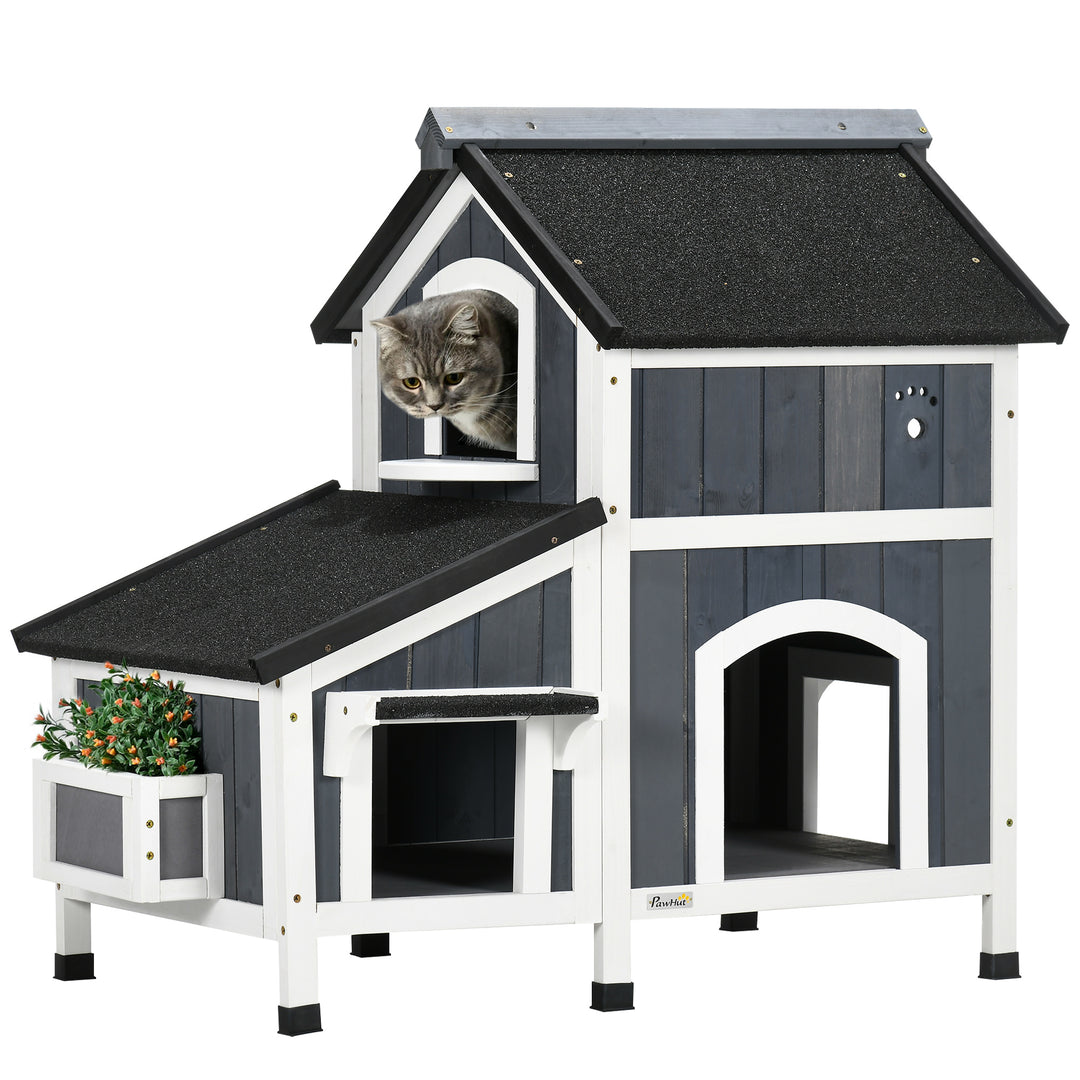 Wooden Cat House Outdoor with Shelter with Window, Water-resistant Roof, Grey