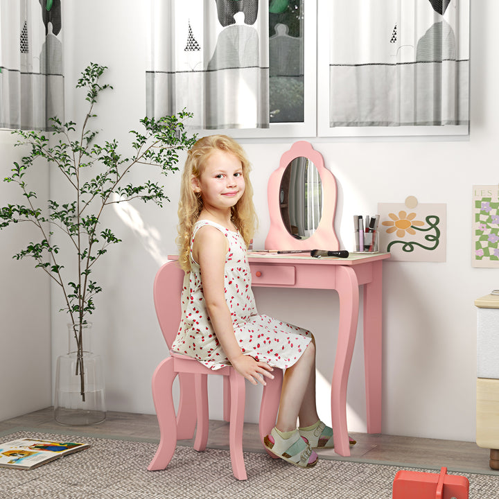 Kids Dressing Table with Mirror and Stool, Girls Vanity Table Makeup Desk with Drawer for 3-6 Years - Pink