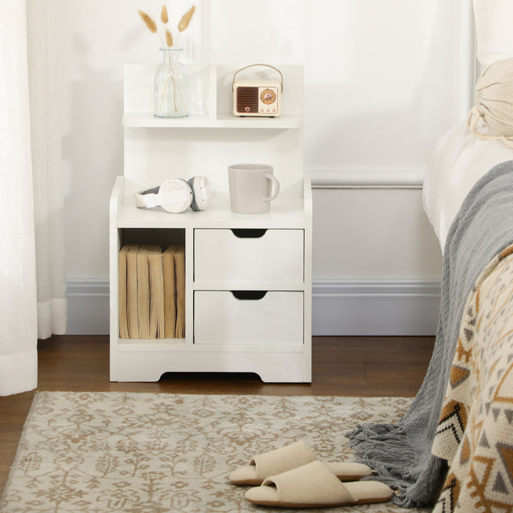 Bedside Table with 2 Drawers and Storage Shelves for Living Room Bedroom Accent Table Small Cabinet, White