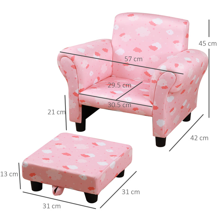 Kids Children Armchair Mini Sofa Wood Frame w/ Footrest Anti-Slip Legs High Back Arms Bedroom Playroom Furniture Cute Cloud Star Pink