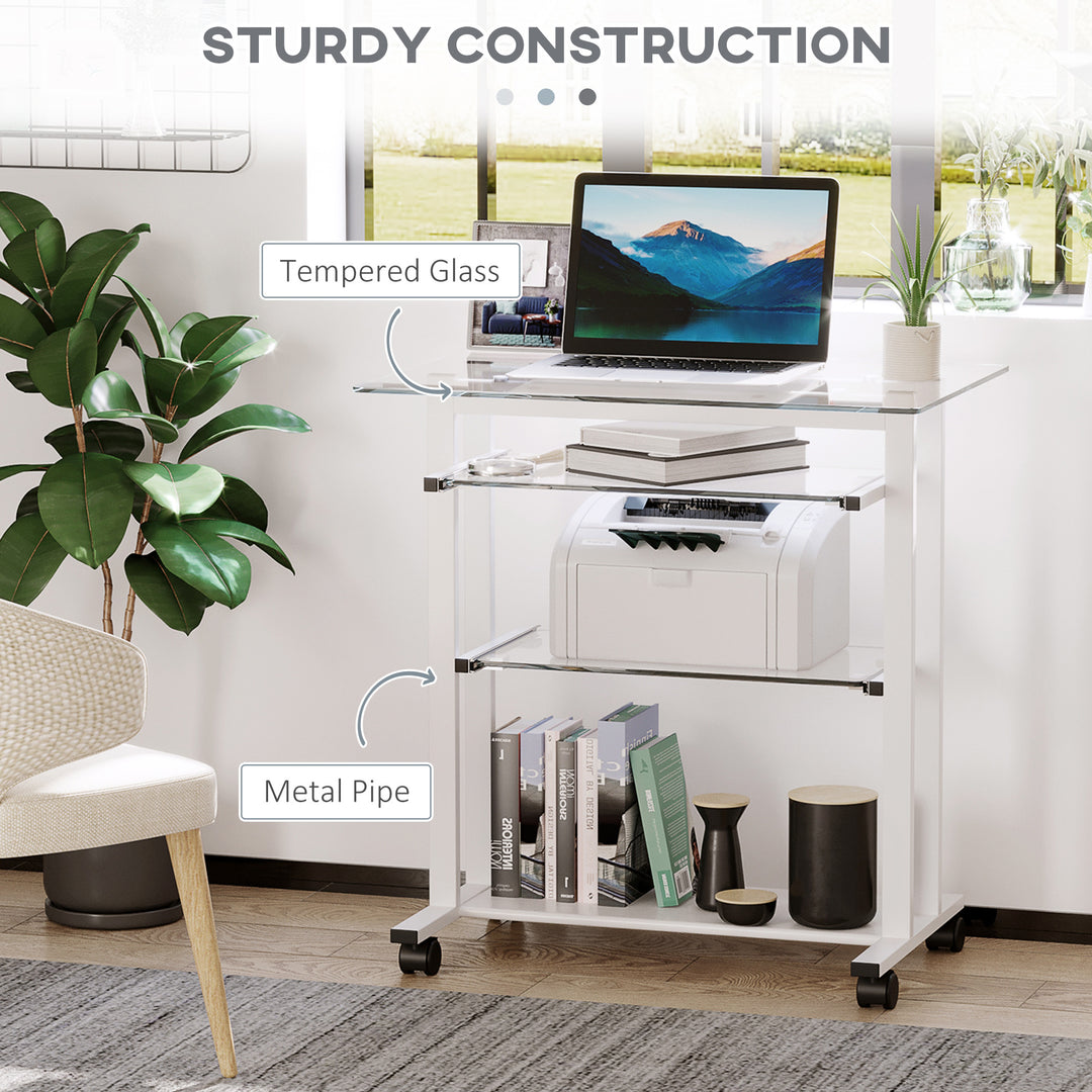 Computer Desk Glass Table Workstation Laptop pc desk mobile  with wheels White