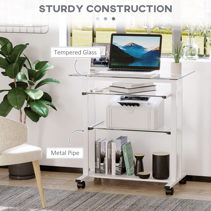 Computer Desk Glass Table Workstation Laptop pc desk mobile  with wheels White