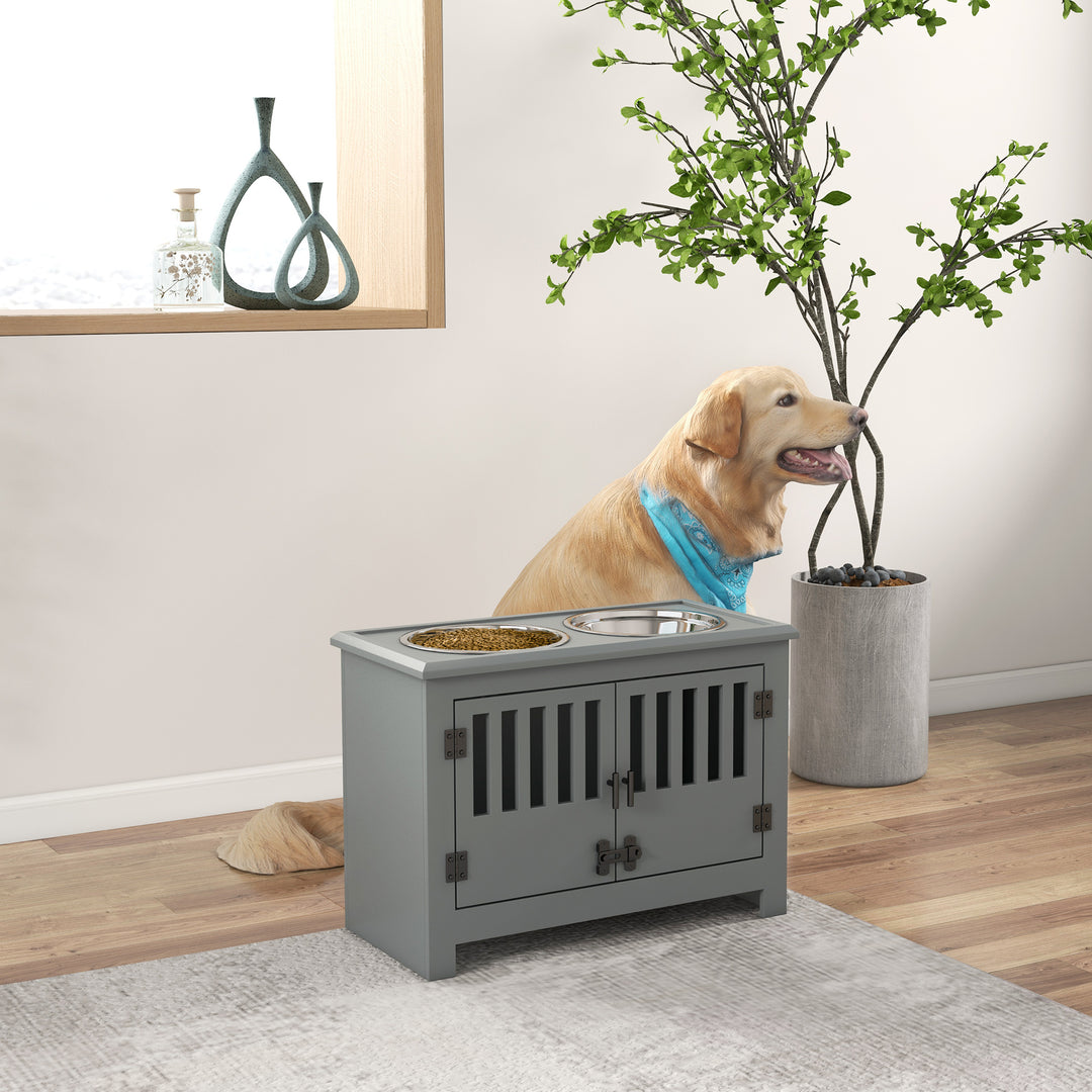 Raised Dog Bowls & Pet Feeding Station, Storage Cabinet-Grey