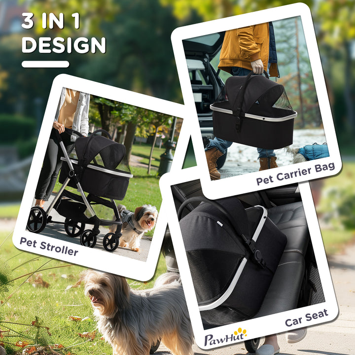 PawHut 3 in 1 Foldable Dog Pushchair, Detachable Travel Stroller w/ EVA Wheels, Adjustable Canopy, Safety Leash, Cushion, for Small Pets - Black