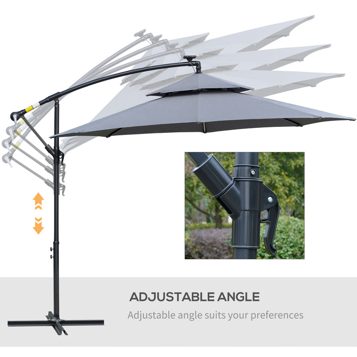 3(m) Cantilever Banana Parasol Hanging Umbrella with Double Roof, LED Solar lights, Crank, 8 Sturdy Ribs and Cross Base for Outdoor, Garden