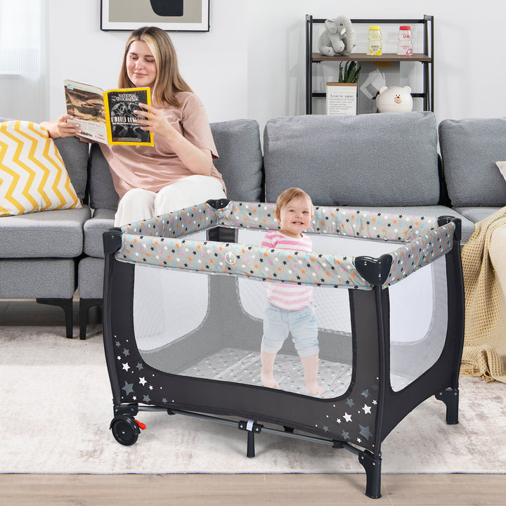Foldable Baby Playpen with Lockable Wheels and Mattress-Grey