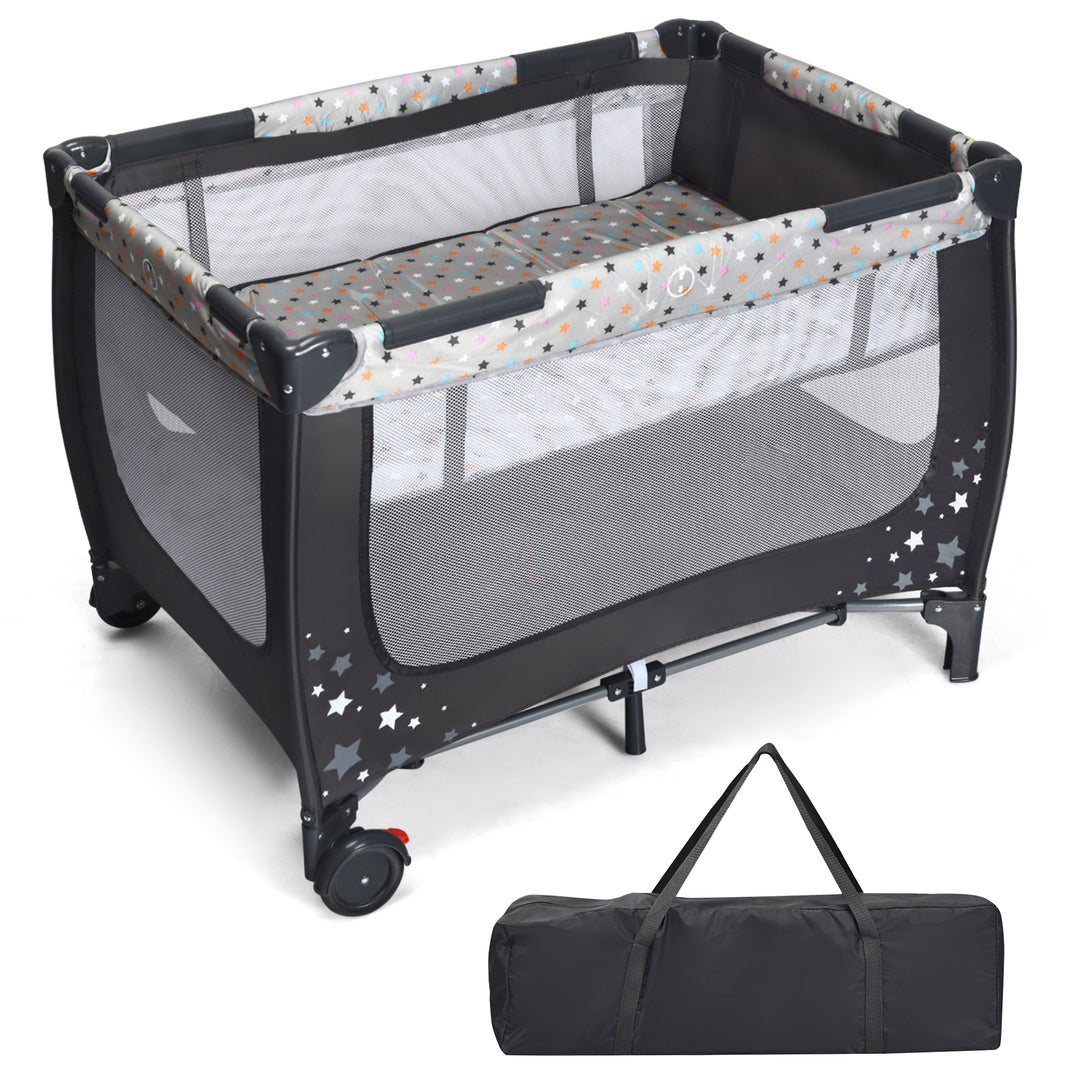 Foldable Baby Playpen with Lockable Wheels and Mattress-Grey