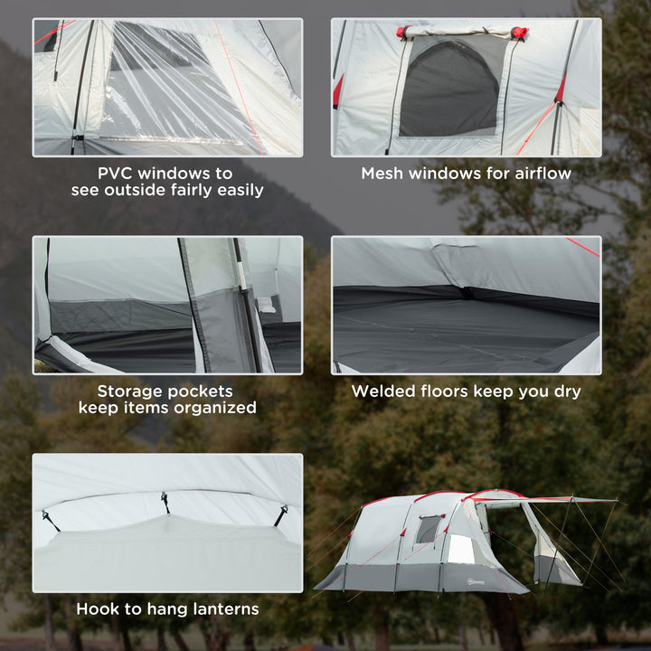 6-8 Person Tunnel Tent, Camping Tent with Bedroom, Living Room, Sewn-in Floor, 3 Doors and Carry Bag, 2000mm Water Column for Fishing, Grey