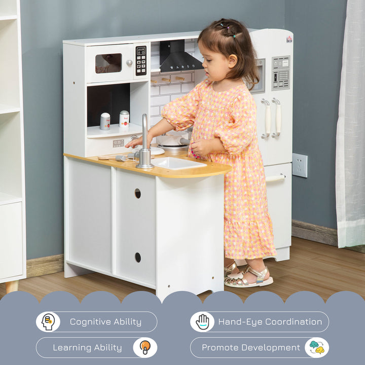 Kids Wooden Kitchen, Large Pretend Role Play Kitchen With Realistic Refrigerator, Microwave, Oven, Range Hood, Sink, Telephone, Kids Play Kitchen Set with Sounds, Storage Space, White