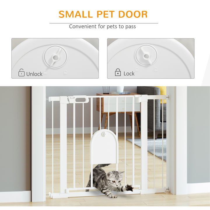 Dog Gate with Cat Flap Pet Safety Gate Barrier, Stair Pressure Fit, Auto Close, 75-103 cm White