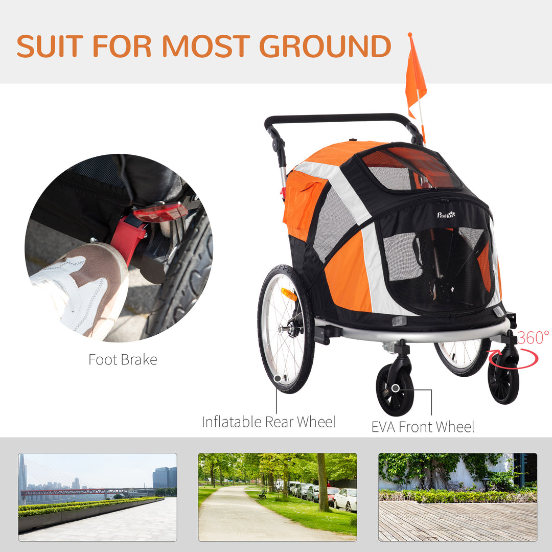 PawHut Dog Bike Trailer 2-in-1 Pet Stroller for Large Dogs Cart Foldable Bicycle Carrier Aluminium Frame with Safety Leash Hitch Coupler Flag Orange