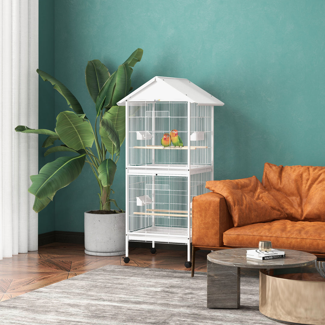 Budgie Cage with Rolling Stand, Perches, Wheels, Large Parrot Cage for Finch, Canary, Budgie, Cockatiel, White