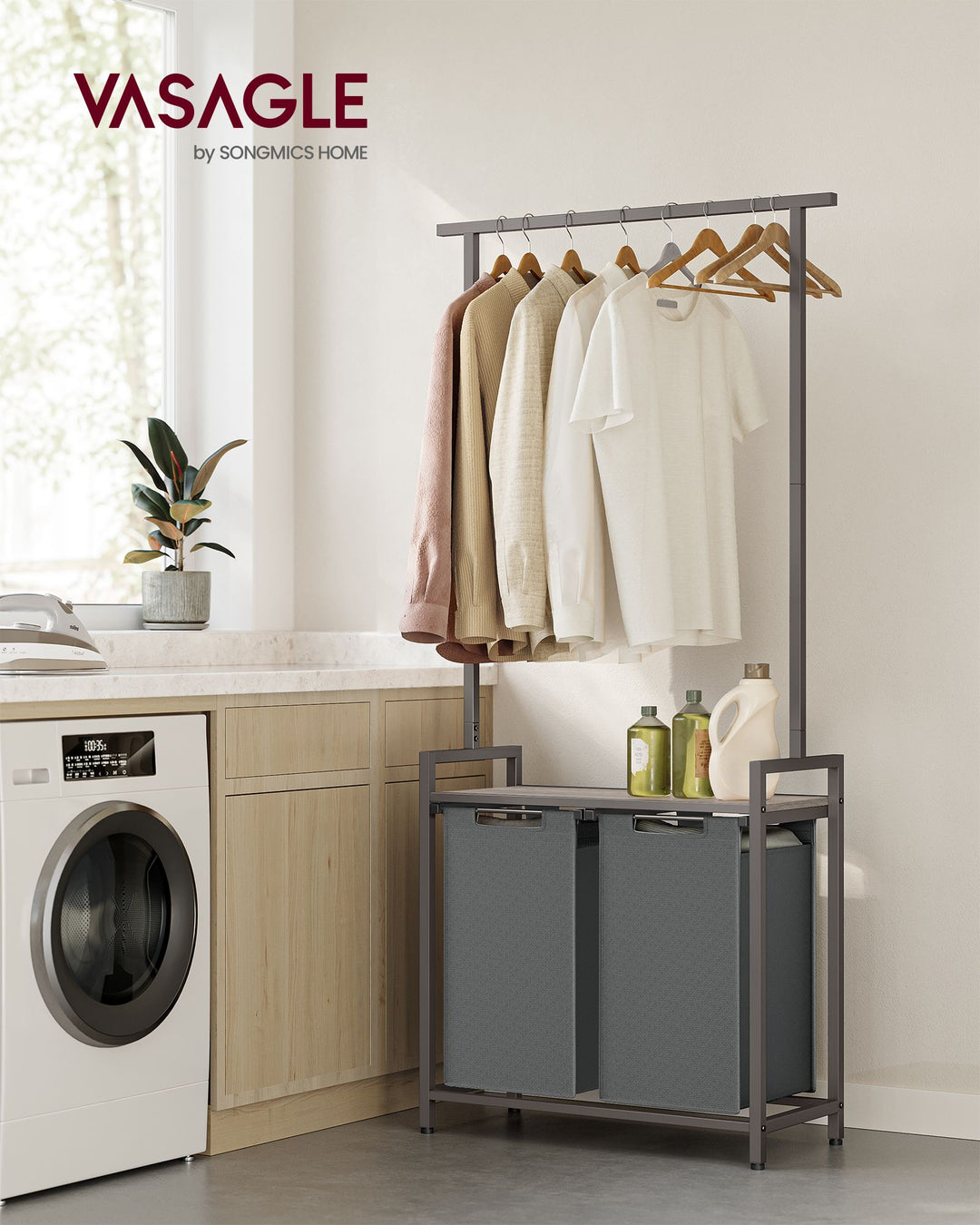 2-Section Laundry Basket with Clothes Rail