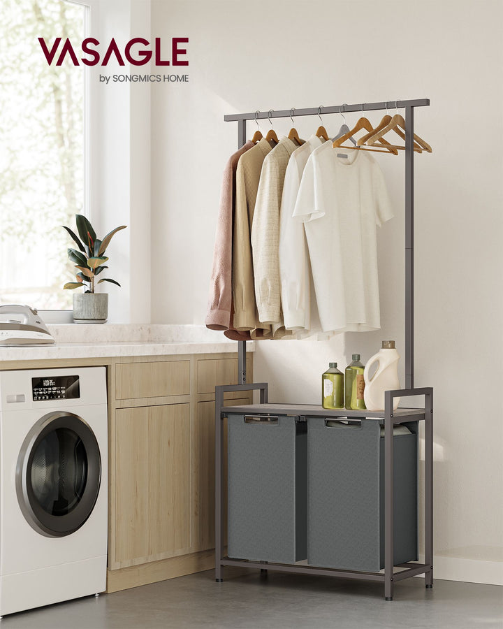2-Section Laundry Basket with Clothes Rail