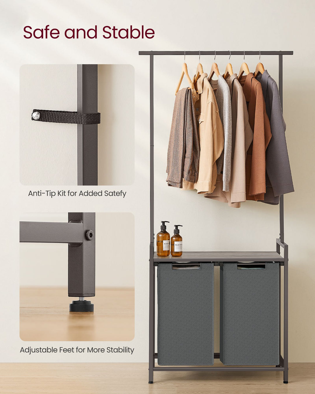 2-Section Laundry Basket with Clothes Rail