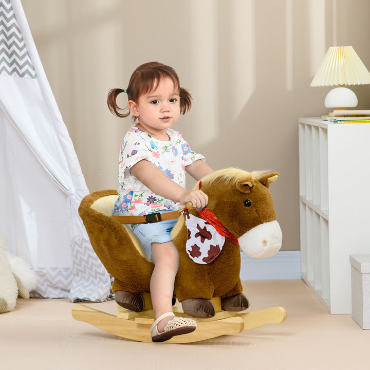 Kids Rocking Horse, Plush Baby Rocking Chair with Safety Harness, Realistic Sound, Foot Pedals, for Toddler Aged 18-36 Months, Brown