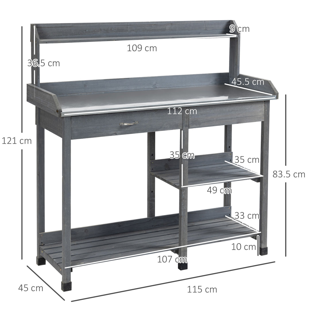 Outsunny Garden Potting Table, Wooden Workstation Bench w/ Galvanized Metal Tabletop, Drawer, Storage Shelves and Hooks for Courtyards, Balcony