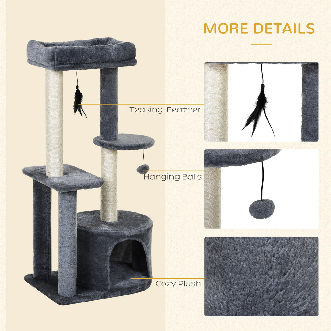 Cat Multi-Activity Tree Tower w/ Perch House Scratching Post Platform Play Ball Plush Covering Play Rest Relax Grey White