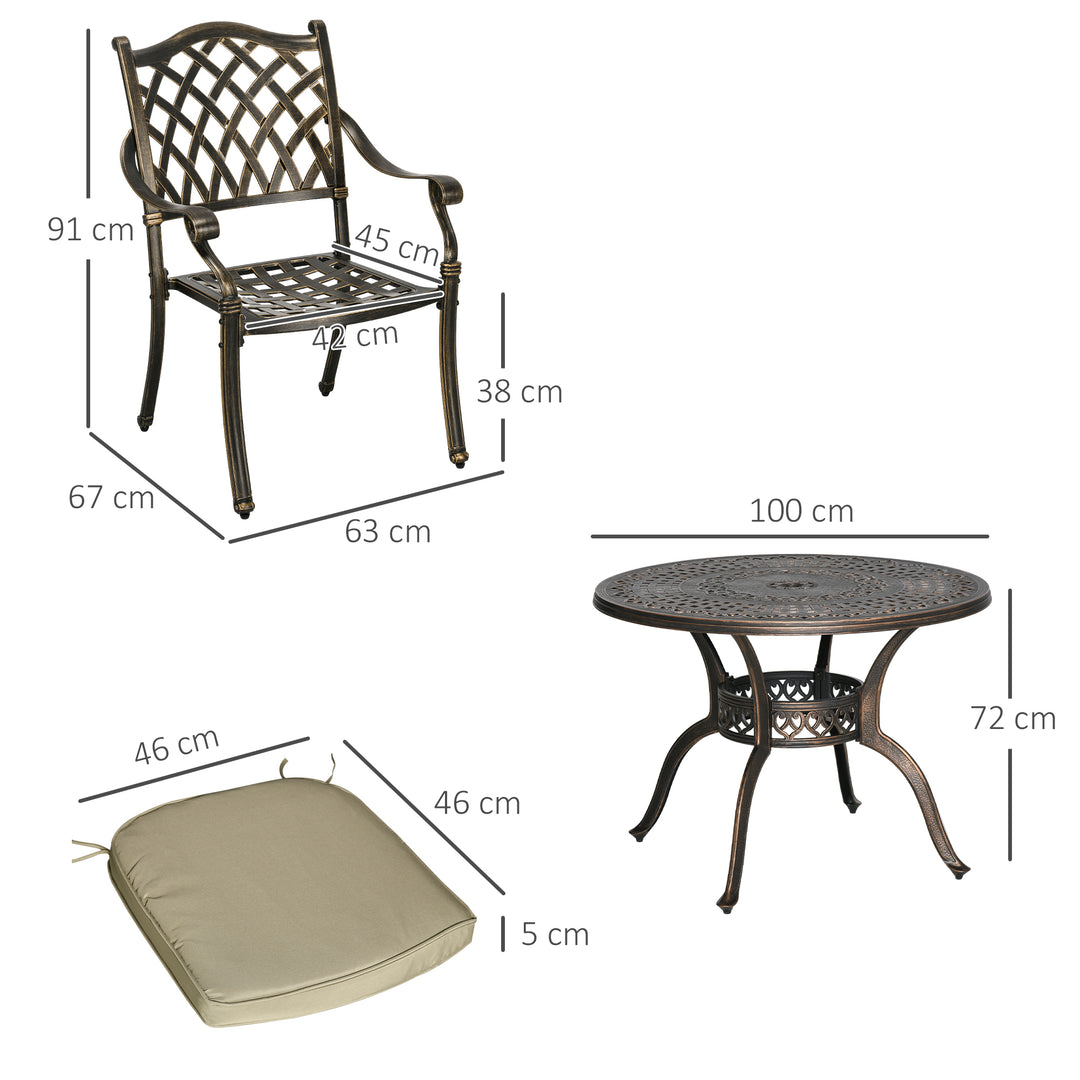 4 Seater Outdoor Dining Set Antique Cast Aluminium Garden Furniture Set with Cushions Round Dining Table with Parasol Hole, Bronze