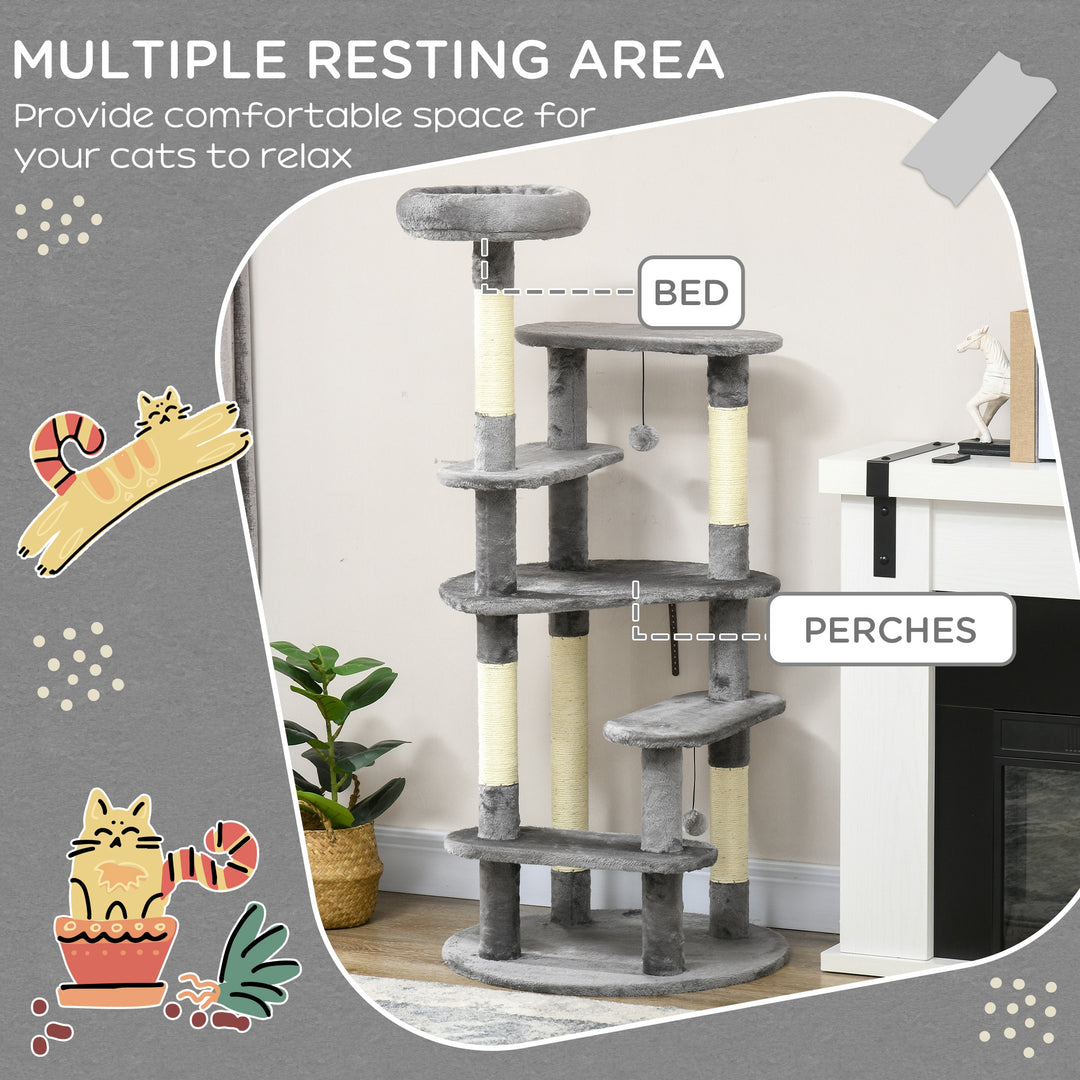 136cm Cat Tree for Indoor Cats, Modern Cat Tower with Scratching Posts, Bed, Toy Ball - Grey