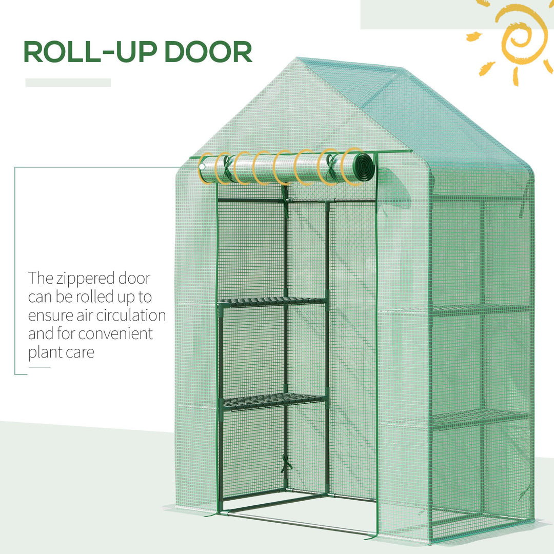 Outsunny Walk-In Greenhouse Portable Gardening Plant Grow House with 2 Tier Shelf, Roll-Up Zippered Door and PE Cover, 141 x 72 x 191 cm