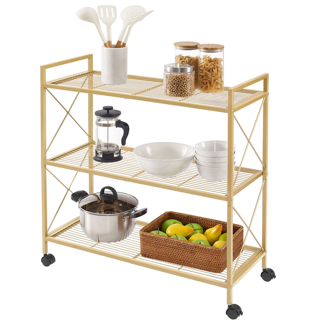 3-Tier Metal Storage Rack with Wheels, Mesh Shelving Unit with X Side Frames, 31.5-Inch Width - Metallic Gold