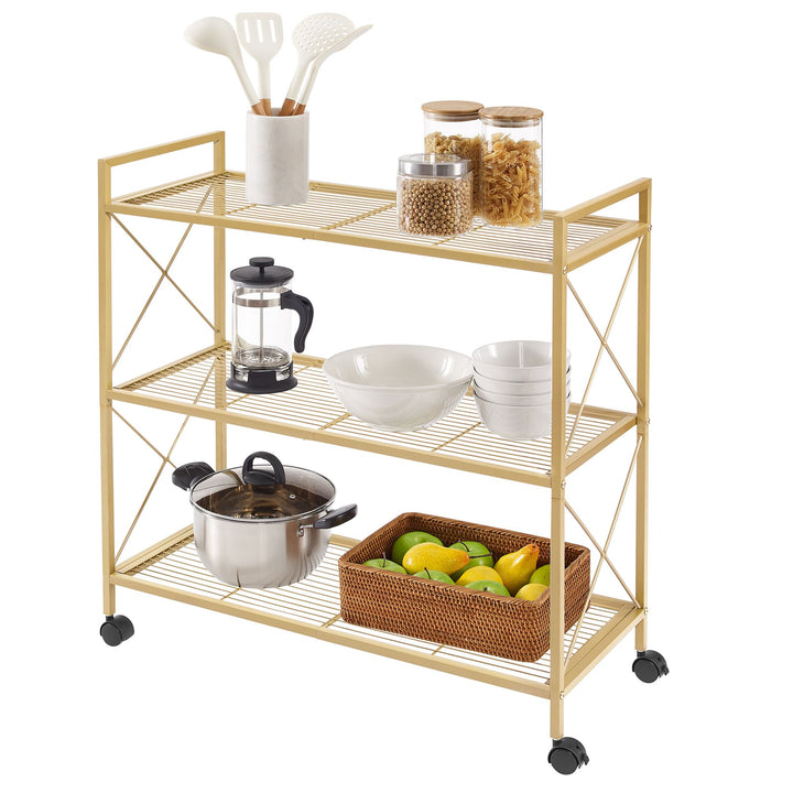 3-Tier Metal Storage Rack with Wheels, Mesh Shelving Unit with X Side Frames, 31.5-Inch Width - Metallic Gold
