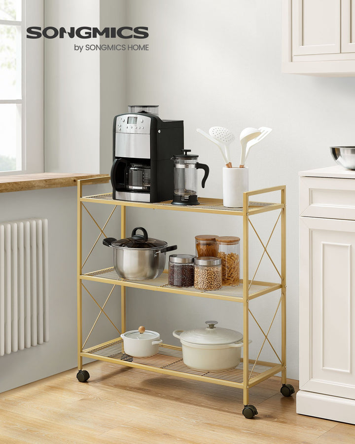3-Tier Metal Storage Rack with Wheels, Mesh Shelving Unit with X Side Frames, 31.5-Inch Width - Metallic Gold