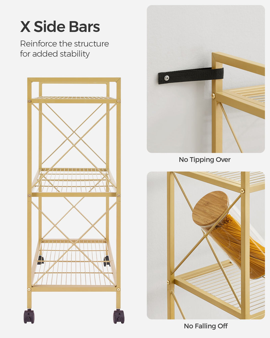 3-Tier Metal Storage Rack with Wheels, Mesh Shelving Unit with X Side Frames, 31.5-Inch Width - Metallic Gold