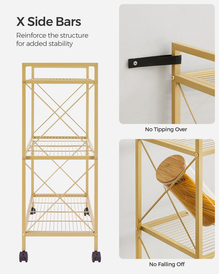3-Tier Metal Storage Rack with Wheels, Mesh Shelving Unit with X Side Frames, 31.5-Inch Width - Metallic Gold