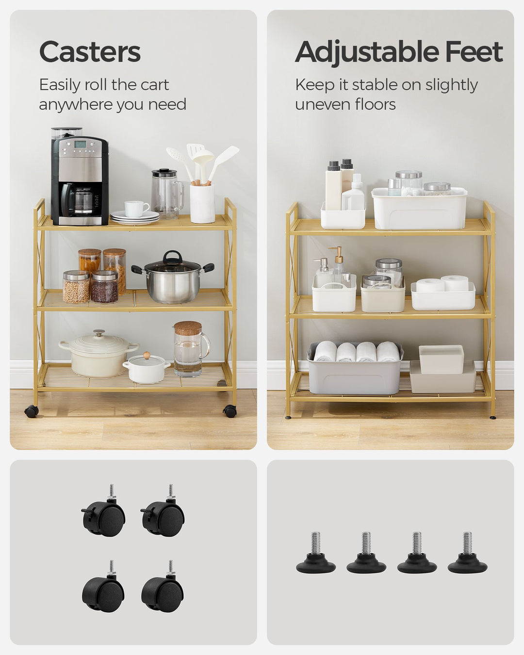 3-Tier Metal Storage Rack with Wheels, Mesh Shelving Unit with X Side Frames, 31.5-Inch Width - Metallic Gold