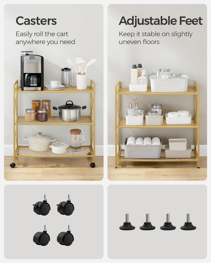 3-Tier Metal Storage Rack with Wheels, Mesh Shelving Unit with X Side Frames, 31.5-Inch Width - Metallic Gold