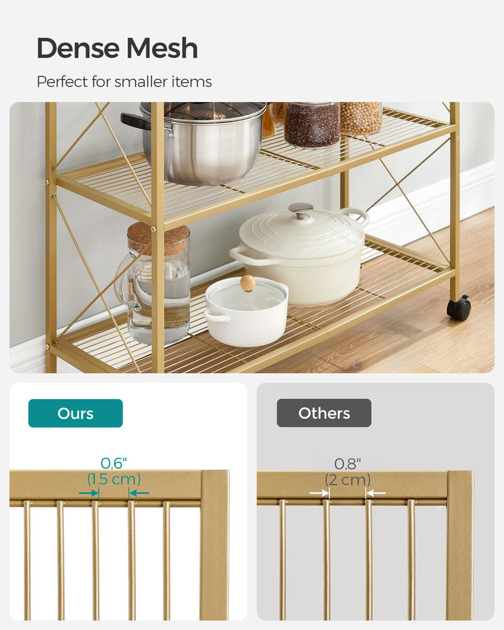3-Tier Metal Storage Rack with Wheels, Mesh Shelving Unit with X Side Frames, 31.5-Inch Width - Metallic Gold